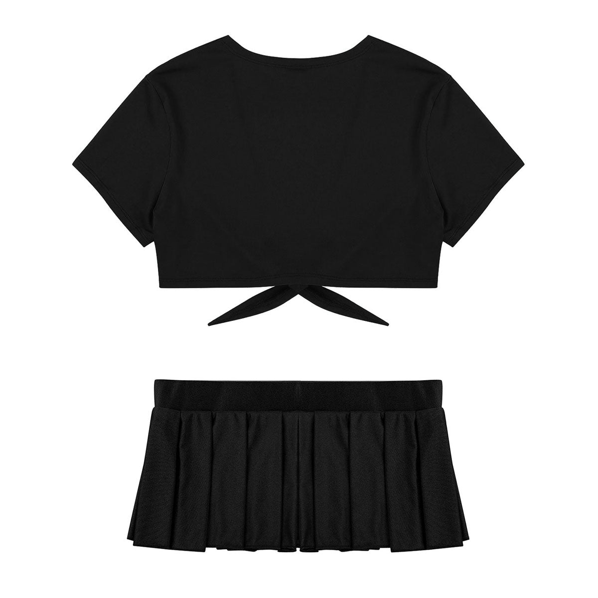 Cosplay schoolgirl costume with short sleeve crop top and pleated mini skirt, featuring deep V neckline, from The Clothing Company Sydney.