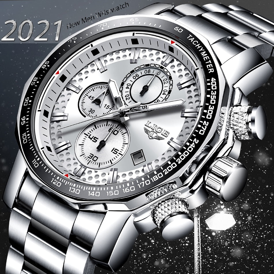 Silver men's sport quartz watch with large dial, military design, water resistance, chronograph features, by The Clothing Company Sydney
