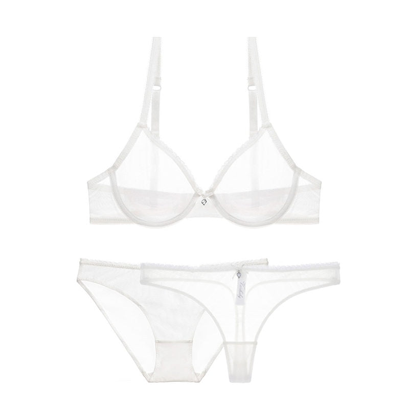 Ultra-thin mesh lace underwear set with transparent unlined bra and matching panties from The Clothing Company Sydney.