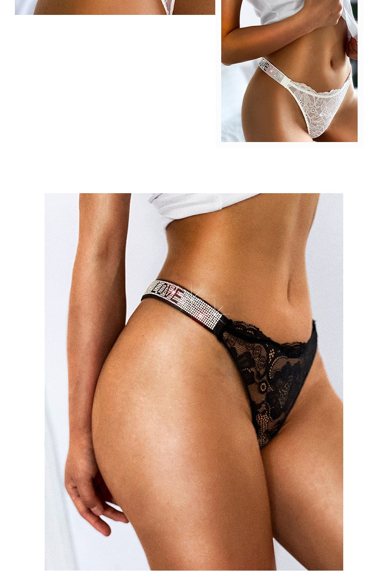 Underwear Rhinestone Letter Thongs Lace Transparent T Back for Low Rise Soft Panties Black Lingerie G String The Clothing Company Sydney