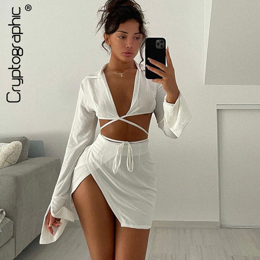 Bandage Tie Front Top and Skirt Set Fall Matching Set Split Skirt Club Party Outfit The Clothing Company Sydney