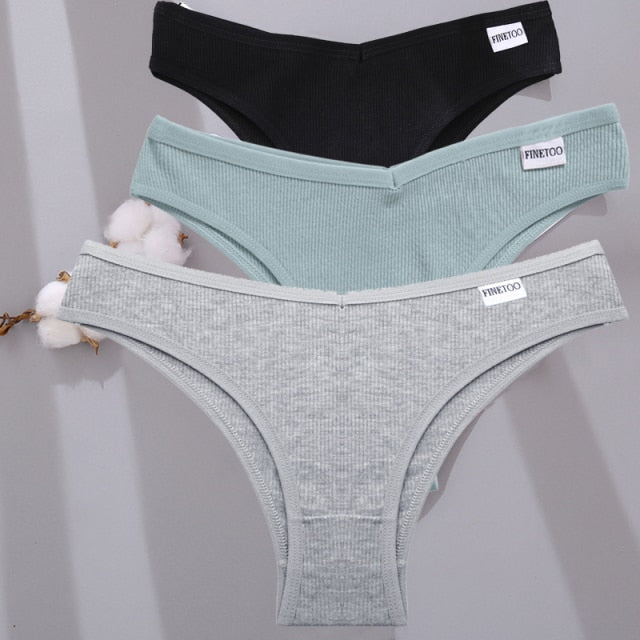 Three-pack cotton mix lingerie thongs in low-rise bikini style, women's underwear by The Clothing Company Sydney.
