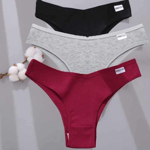 Three-pack cotton mix lingerie thongs from The Clothing Company Sydney, low-rise women's bikini briefs in assorted colors.