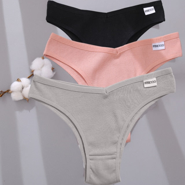 Three-pack cotton mix lingerie thongs from The Clothing Company Sydney, low-rise women's bikini briefs in various colors.