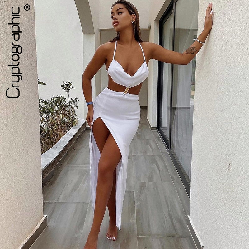 Backless split maxi dress by The Clothing Company Sydney, sleeveless summer holiday elegant cut-out design for evening and party wear.