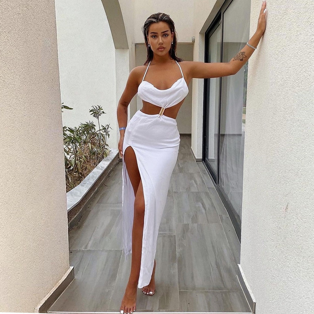 Backless split maxi dress by The Clothing Company Sydney featuring cut-outs, sleeveless design, elegant style for summer evening parties.