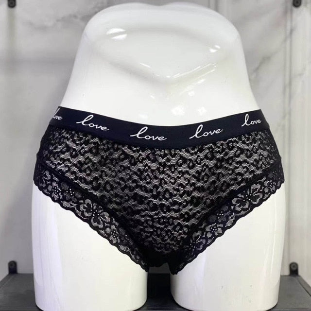 Low-waist lace G-string underwear with transparent fabric and LOVE letter embroidery from The Clothing Company Sydney.