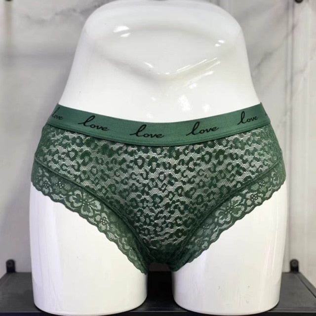Low-waist lace G-string underwear with transparent fabric and LOVE letter embroidery from The Clothing Company Sydney.