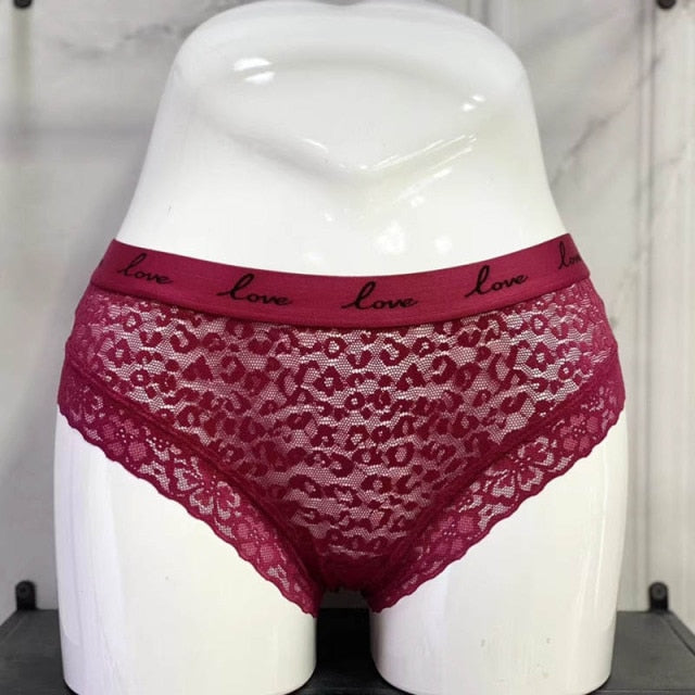 Low-waist lace panties from The Clothing Company Sydney featuring transparent G-string design with LOVE letter embroidery.