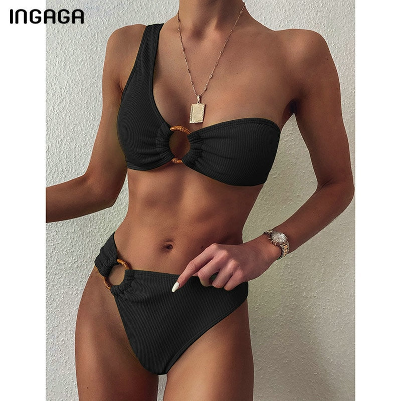 2 Piece One Shoulder Swimsuit High Waist Swimwear Ring Ribbed Brazilian  Bikini Set