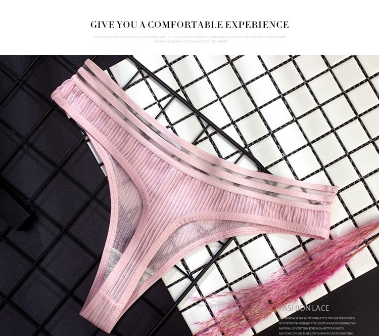 Seamless transparent ice silk mesh G-string thong underwear, low-rise fit, designed for women’s lingerie and yoga shorts.