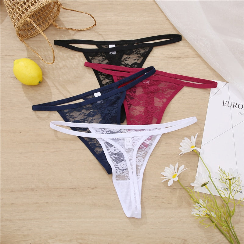 Two floral lace women's thong panties from The Clothing Company Sydney, G-string lingerie underwear set, stylish and comfortable.