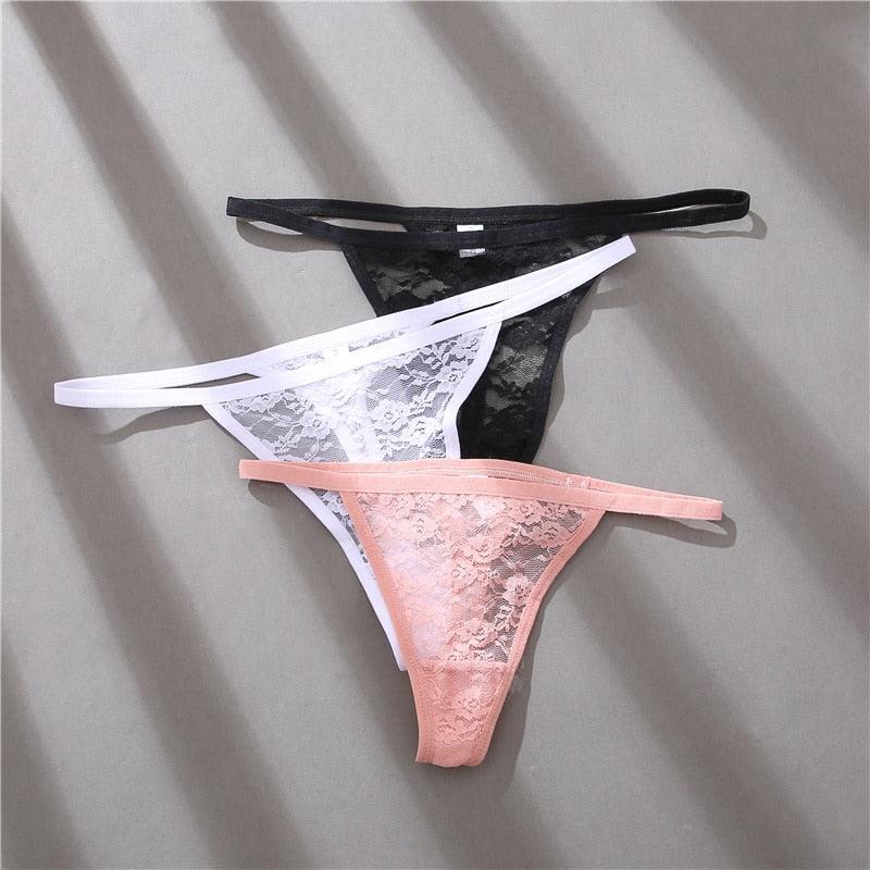 Two floral lace women's thong panties from The Clothing Company Sydney, featuring G-string style and delicate lingerie design.