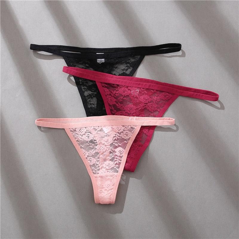 Two women's lace thong panties with floral design, G-string style, set from The Clothing Company Sydney.