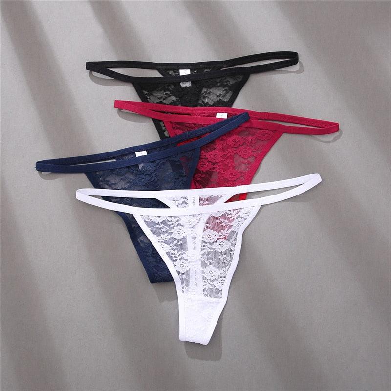 Two women's lace thong panties from The Clothing Company Sydney, floral G-string lingerie underwear set, displayed flat.