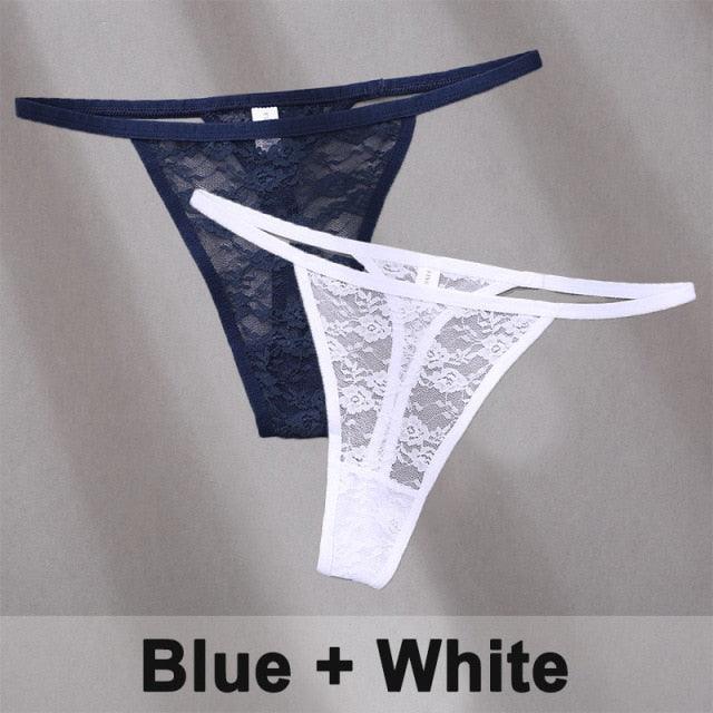 Two women's floral lace thong panties from The Clothing Company Sydney, featuring G-string style and delicate floral design.