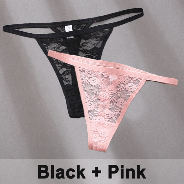 Two floral lace women's thong panties from The Clothing Company Sydney, stylish G-string lingerie underwear set.