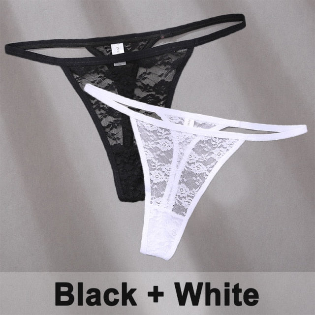 Two women's lace thong panties with floral lace design, G-string style, from The Clothing Company Sydney lingerie set.