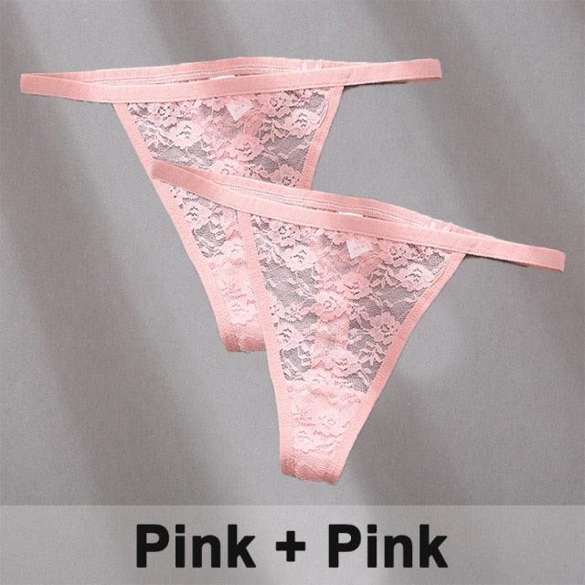 Two women's lace thong panties with floral design, G-string style, from The Clothing Company Sydney, displayed flat.