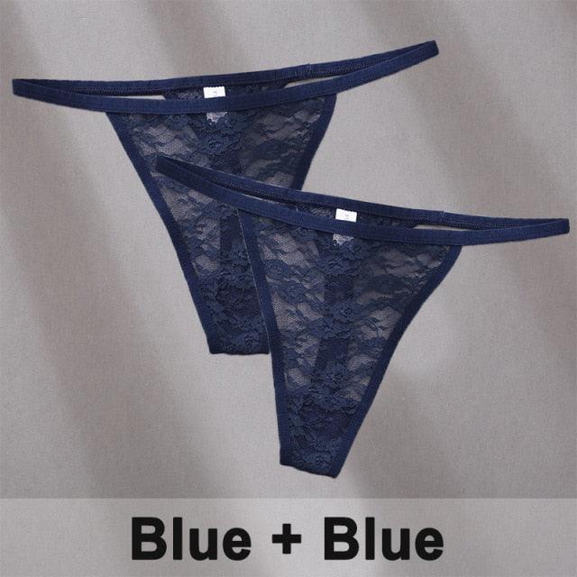 Two floral lace women’s thong panties by The Clothing Company Sydney, featuring G-string style and delicate floral lace details.