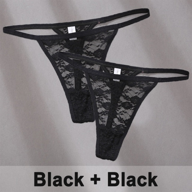 Two women’s lace thong panties from The Clothing Company Sydney, floral G-string lingerie underwear set, showcasing delicate lace details.