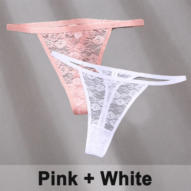 Two women's lace thong panties from The Clothing Company Sydney, floral G-string lingerie underwear set, white and black with lace details.