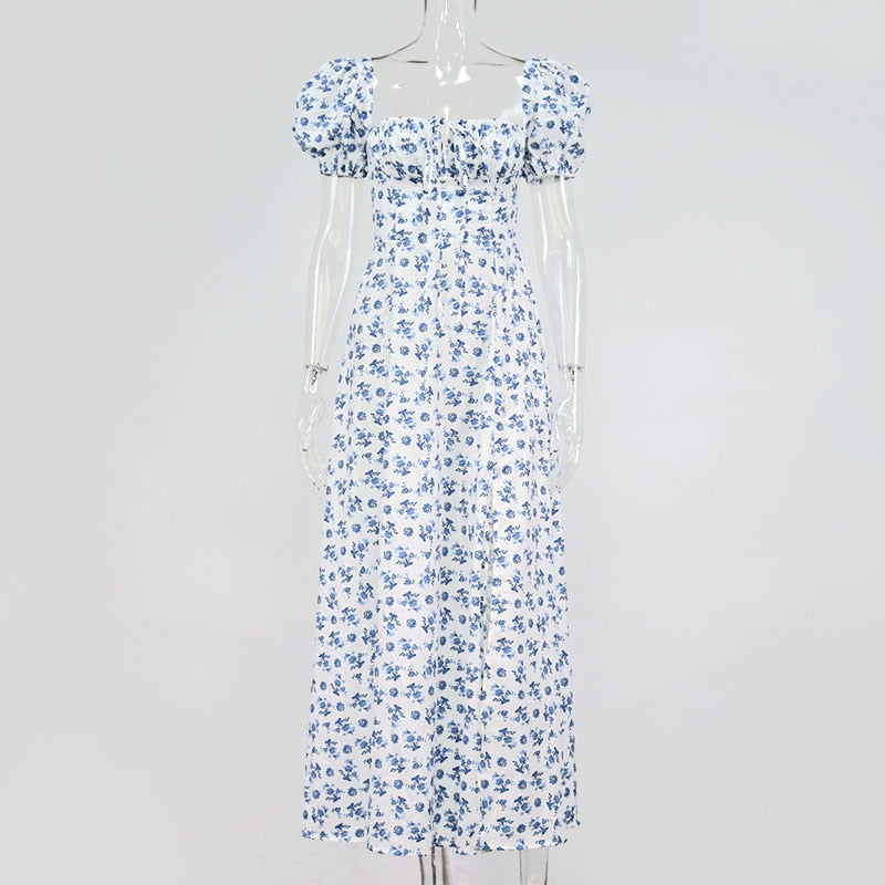 Floral print elegant short sleeve split dress by The Clothing Company Sydney, showcasing a stylish, flowy dress design.