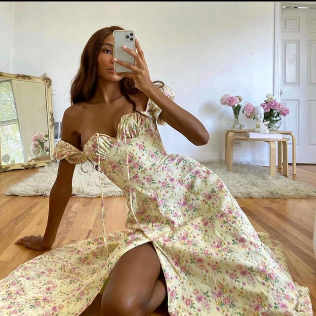 Floral print elegant short sleeve split dress by The Clothing Company Sydney, showing a stylish dress with a fitted waist and vibrant floral pattern.