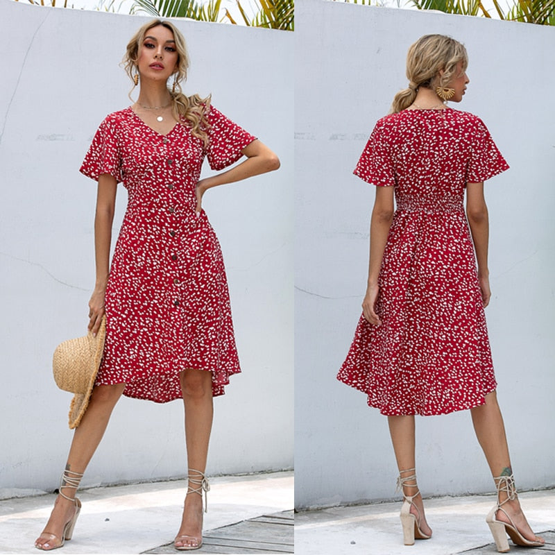 Summer midi dress with V-neck, printed pattern, single row buttons, high waist, and irregular hem from The Clothing Company Sydney.