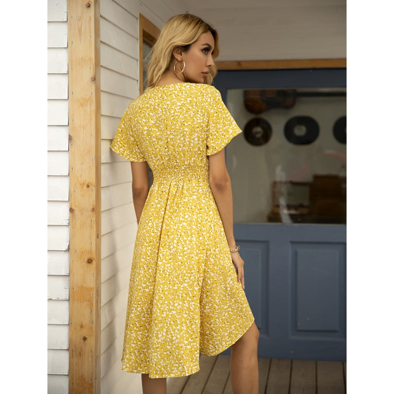 Summer midi dress by The Clothing Company Sydney featuring V-neck, printed fabric, single row buttons, slim fit, high waist, casual style