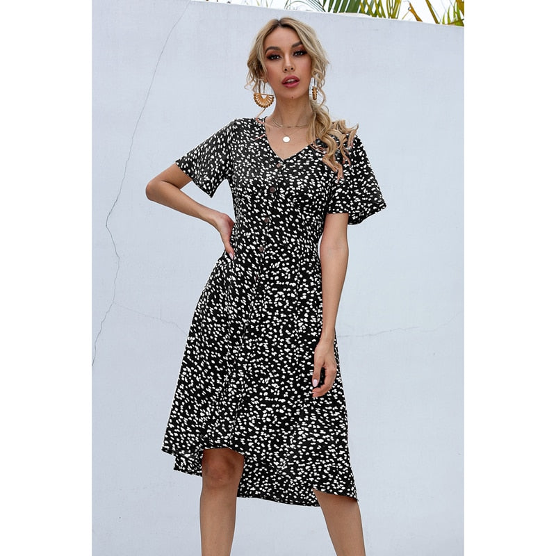 Summer midi dress by The Clothing Company Sydney featuring V-neck, printed pattern, single row buttons, high waist, and casual style.