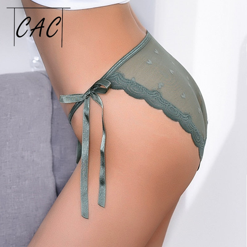 Sensual lace thong underwear by The Clothing Company Sydney, low-waist translucent G-string with bandage style briefs.