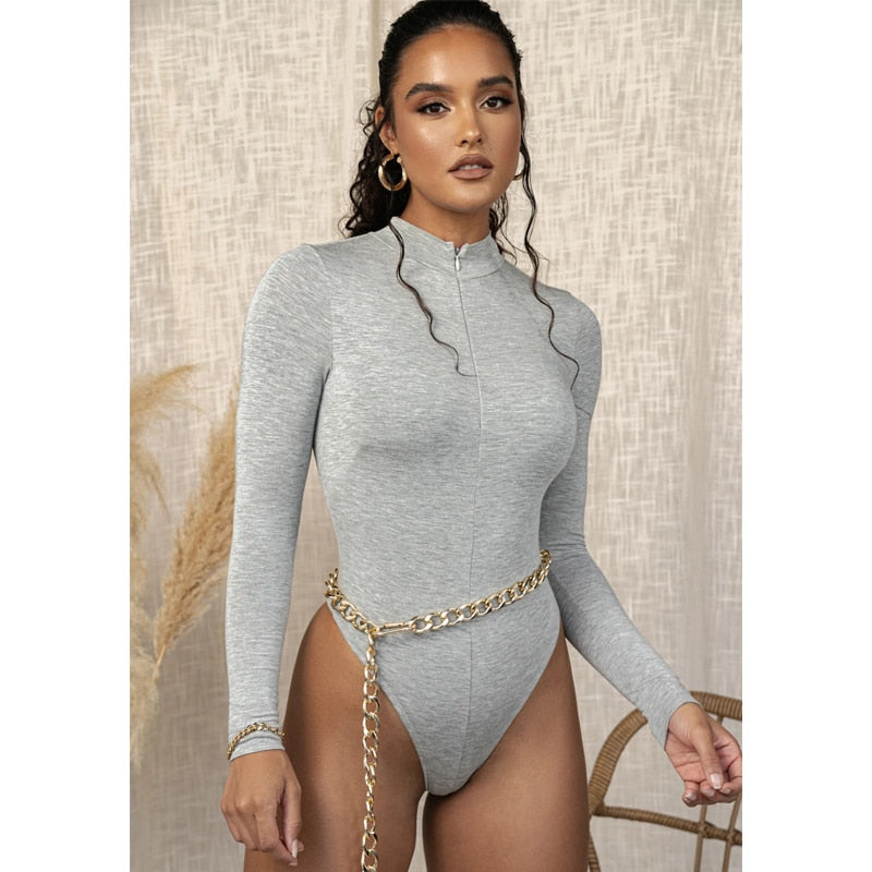 Solid zipper bodysuit stretch long sleeve bodycon sexy streetwear autumn winter body basic sporty active wear The Clothing Company Sydney