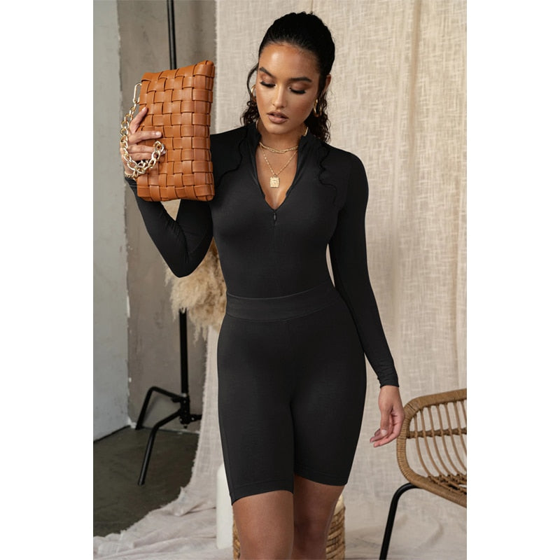 Solid zipper bodysuit stretch long sleeve bodycon sexy streetwear autumn winter body basic sporty active wear The Clothing Company Sydney