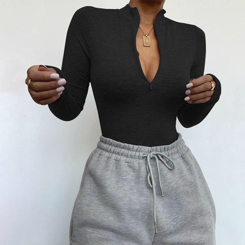 Solid zipper bodysuit stretch long sleeve bodycon sexy streetwear autumn winter body basic sporty active wear The Clothing Company Sydney