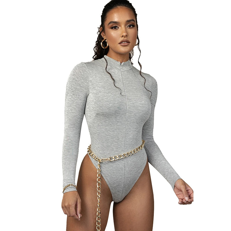 Solid zipper bodysuit stretch long sleeve bodycon sexy streetwear autumn winter body basic sporty active wear The Clothing Company Sydney