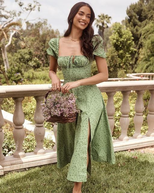 Floral print elegant short sleeve split dress by The Clothing Company Sydney, showcasing a stylish design with a flowy silhouette.