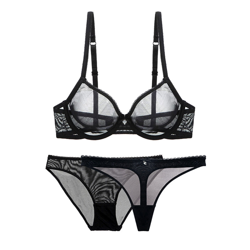 Ultra-thin mesh lace underwear set with transparent unlined bras and matching panties from The Clothing Company Sydney.