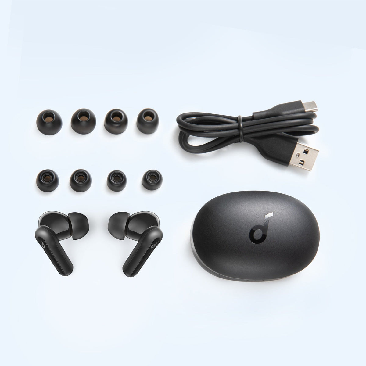 Anker Life P2 Mini true wireless earbuds with 10mm drivers, big bass, custom EQ, Bluetooth, in sleek black design.