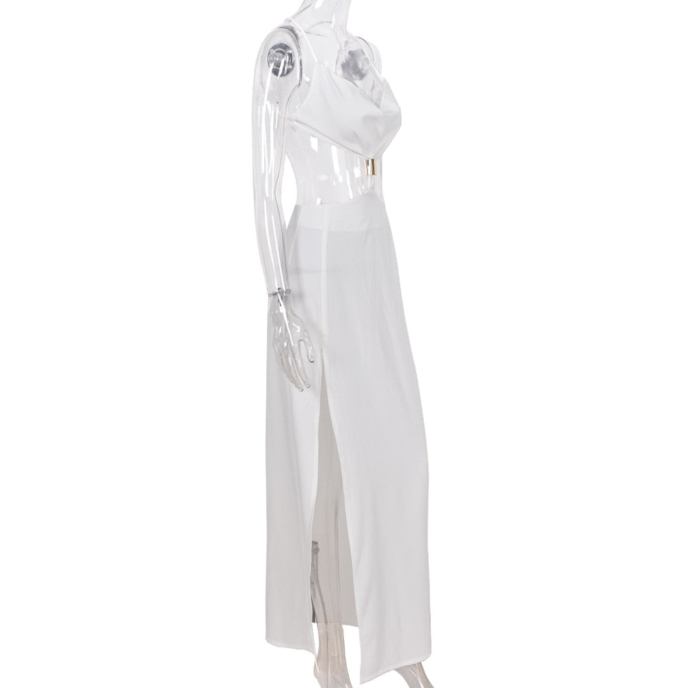 Backless split maxi dress by The Clothing Company Sydney featuring cut-out details, sleeveless design, perfect for summer parties.