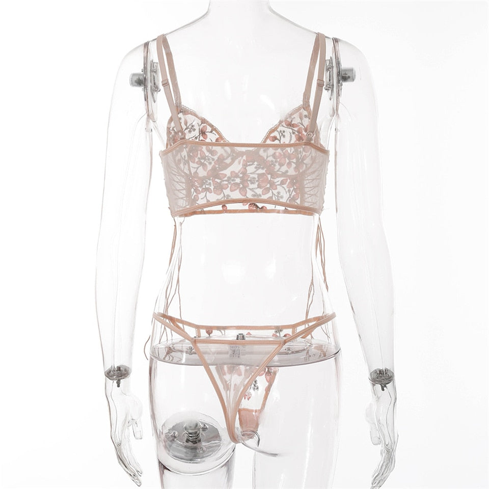 Pink floral embroidery bralette and panty set with thin cups, French lace, and transparent lingerie style, designed for a push-up fit.