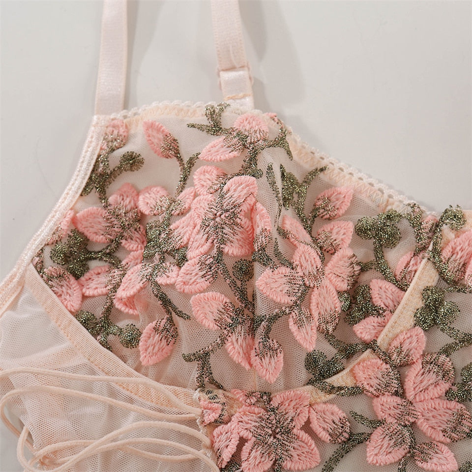 Pink floral embroidery bralette and panty set with French lace, transparent bra, thin cups, and push-up support from The Clothing Company Sydney.
