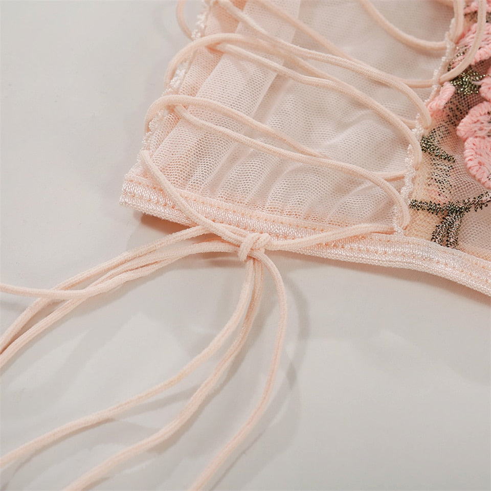 Pink floral embroidery bralette and panty set with French lace, transparent bra, and push-up underwire for elegant lingerie.