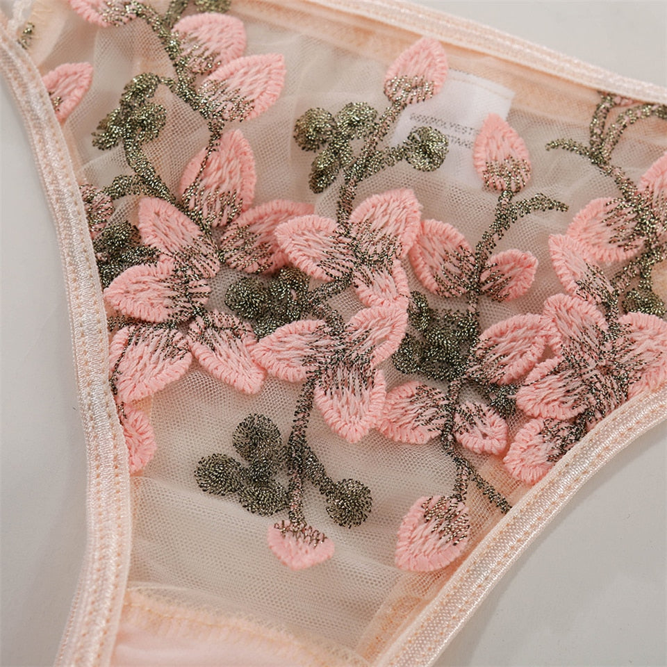 Pink floral embroidery bralette and panty set with thin cups, push-up design, French lace, transparent bra and lingerie by The Clothing Company Sydney
