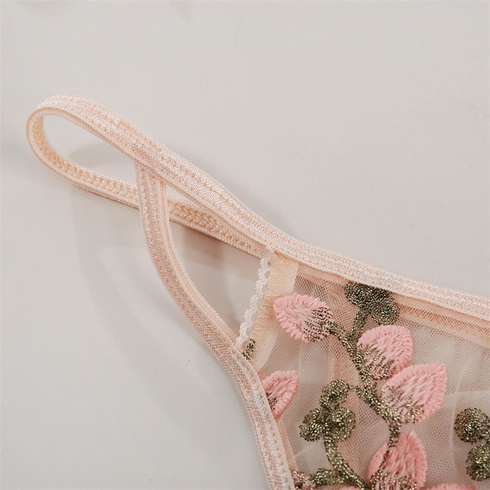 Pink floral embroidery bralette and panty set with French lace, transparent bra, push-up cups, and thin cups from The Clothing Company Sydney.