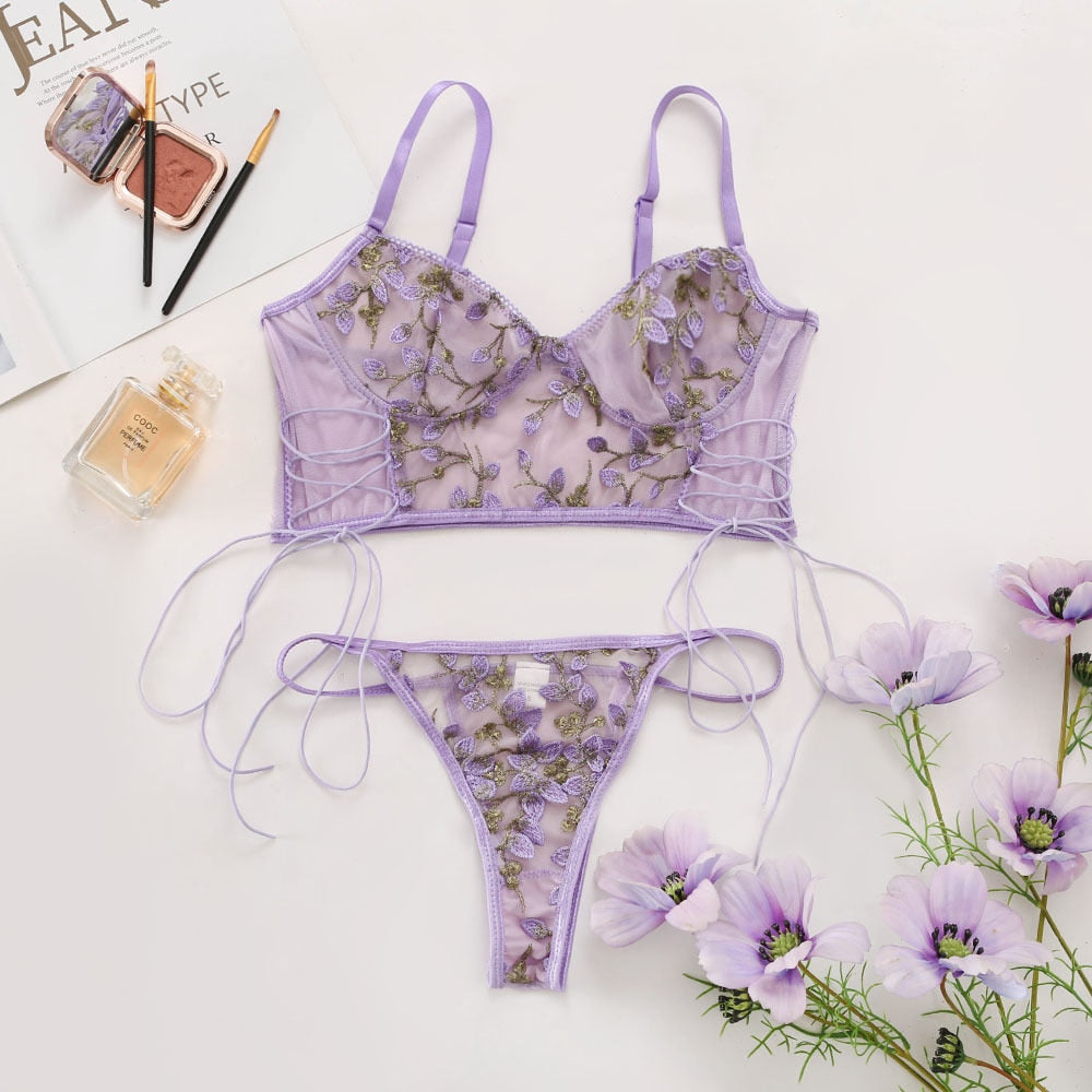 Pink floral embroidery lingerie set with thin cup bralette, push-up support, French lace, transparent bra and matching panties.