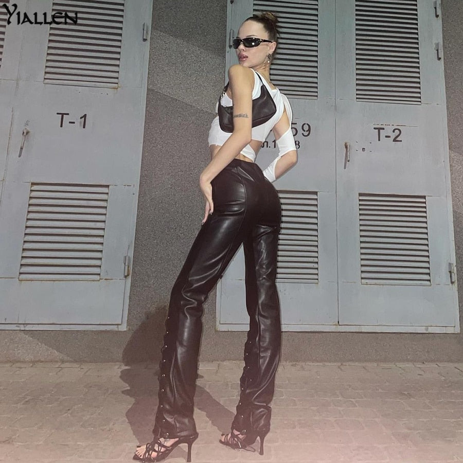 Faux PU leather high waist bandage pants with hipster street style, long trousers from The Clothing Company Sydney.