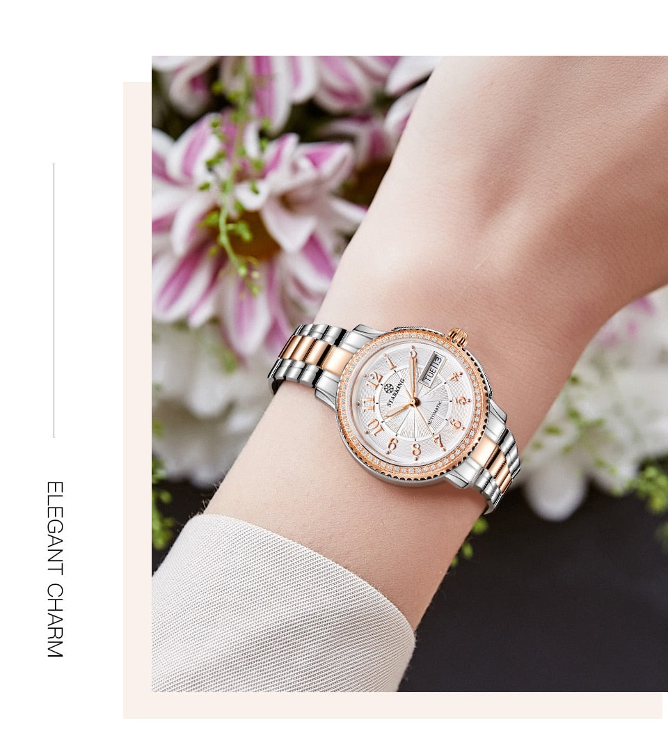 Stainless steel ladies wristwatch with sapphire crystal, automatic self-wind Miyota movement, bracelet style from The Clothing Company Sydney