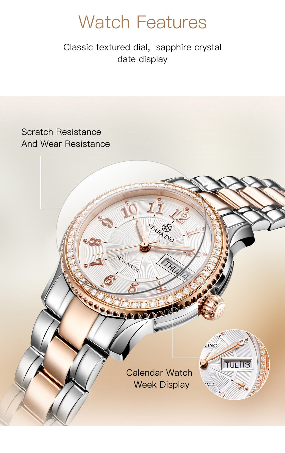 Stainless steel ladies wristwatch with sapphire crystal, automatic Miyota movement, self-winding bracelet by The Clothing Company Sydney