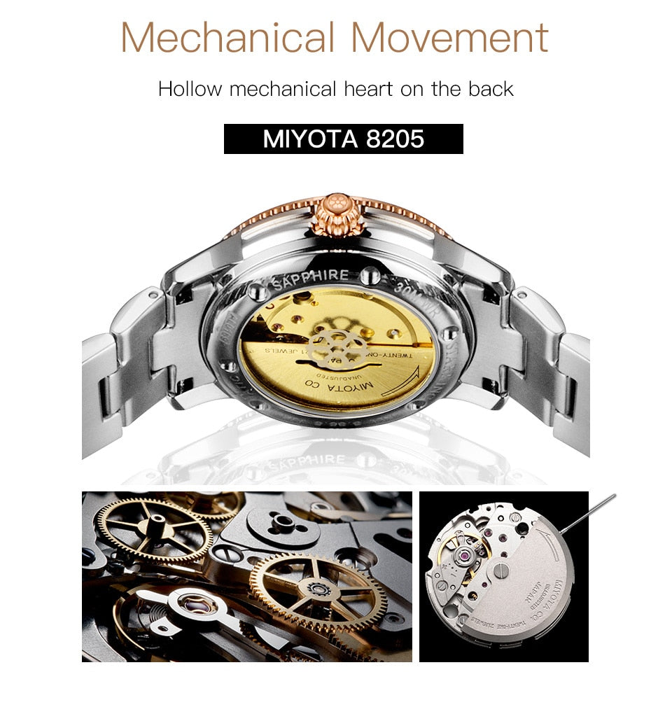Stainless steel ladies wristwatch with sapphire crystal, automatic self-wind Miyota movement, bracelet strap, from The Clothing Company Sydney.
